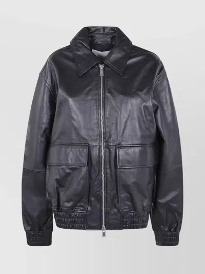Studio Nicholson Leather Bomber Jacket Collared Design In Black