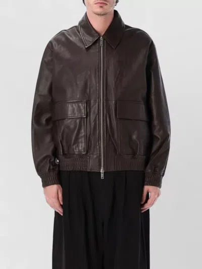 STUDIO NICHOLSON LEATHER BOMBER JACKET COLLARED ELASTIC HEM