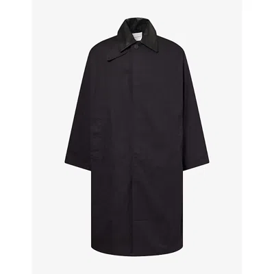 Studio Nicholson Mens  Revere Leather-collar Cotton-blend Trench Coat In Darkest Navy