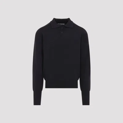 Studio Nicholson Merino Wool Polo Sweater Jumper With Round Neck In Black