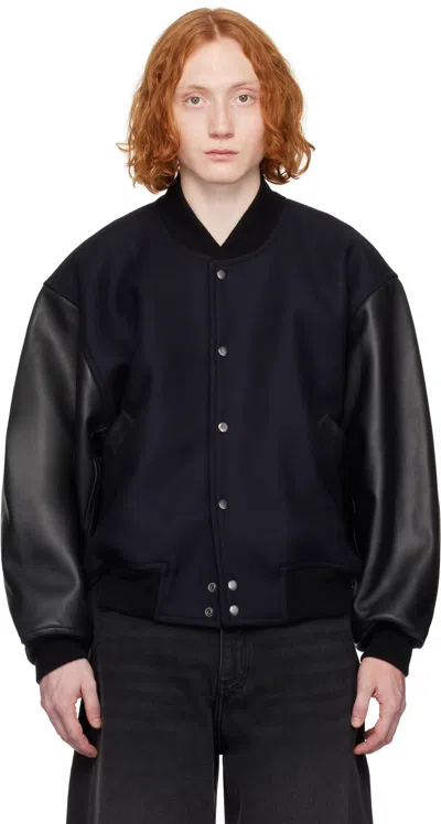 Studio Nicholson Navy & Black Alph Leather Bomber Jacket In Darkest Navy