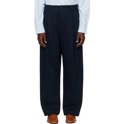 Studio Nicholson Navy Shire Cotton Pleated Trousers In Blue