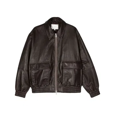 Studio Nicholson Piston Leather Zip-up Jacket In Brown