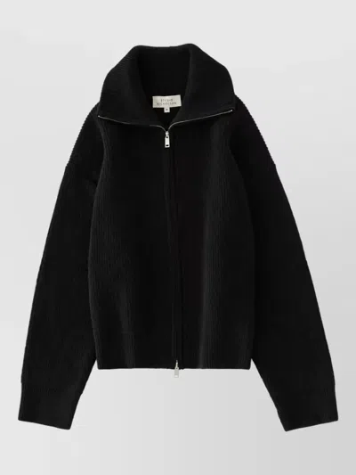 Studio Nicholson Ribbed Merino Wool High Neck Zip-up Cardigan In Black