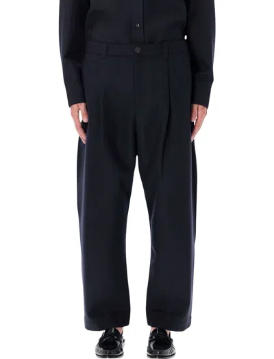 Studio Nicholson Cropped Wool Navy Tuck Trousers