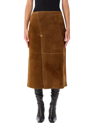 Studio Nicholson Suede Leather Midi Skirt In Beige