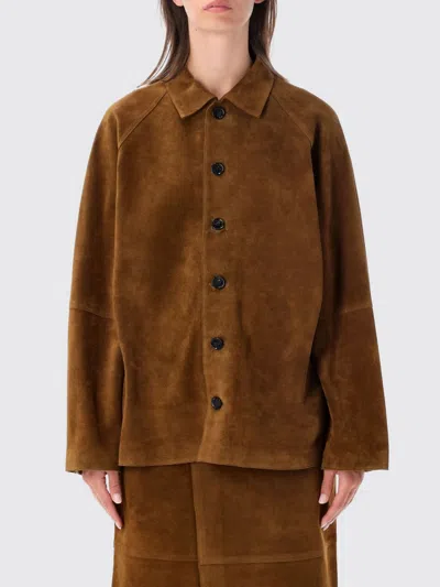 Studio Nicholson Suede Leather Shirt-style Short Coat In Beige