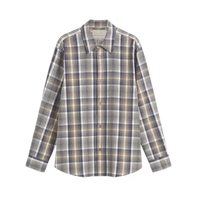 Pre-owned Studio Nicholson View Brushed Check Regular Fit Shirt 'navy/oatmeal' | Blue | Men's Size L