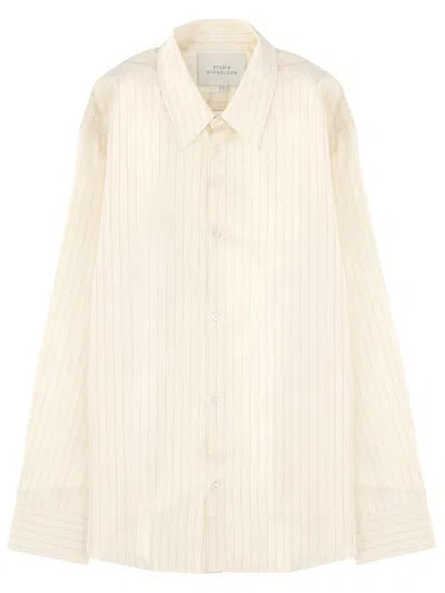 Studio Nicholson Striped Shirt Button Down Collar Cuffs In Brown