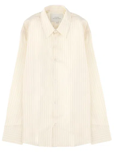 Studio Nicholson Striped Shirt Button Down Collar Cuffs In Brown