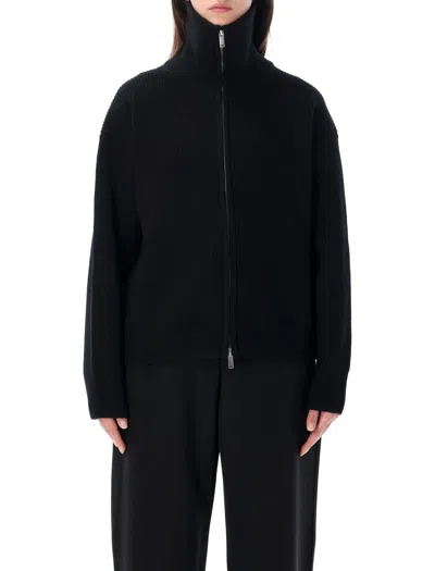 Studio Nicholson Zip-front Ribbed Knit Turtleneck Sweater In Nero