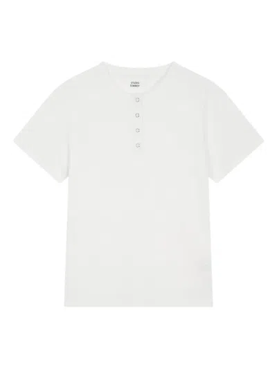Studio Tomboy Button-placket Short-sleeve T-shirt In White