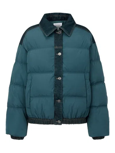 Studio Tomboy Denim-trim Puffer Jacket In Green