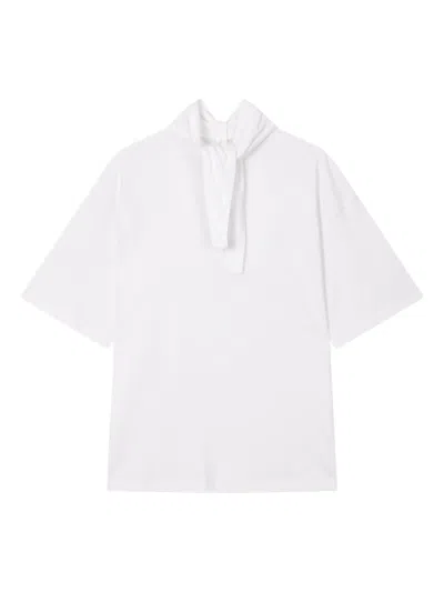 Studio Tomboy Pussy Bow-collar Short-sleeve Top In White