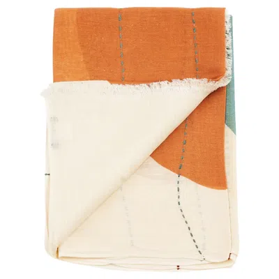 Pre-owned Studio Variously Cirq Moon Off White Multi Color Hand Embroidered Handwoven Linen Silk Scarf