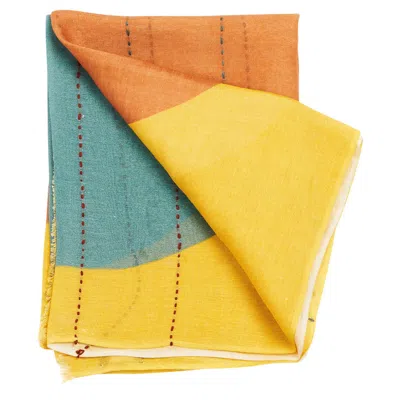 Pre-owned Studio Variously Cirq Sun Yellow Multi Color Hand Embroidered Hand Woven Linen Silk Scarf