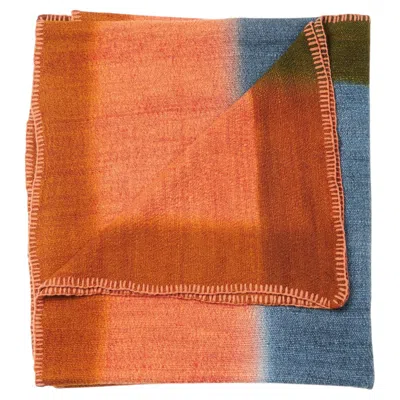 Pre-owned Studio Variously Ember Apricot In Orange And Blue Shades , Handwoven Merino Throw Blanket