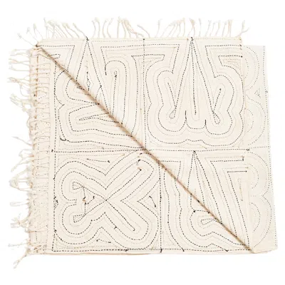 Pre-owned Studio Variously Katha Handloom Undyed Cotton Queen Bedspread Fully Hand Embroidered By Artisans In White