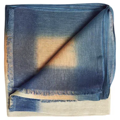 Pre-owned Studio Variously Oceana Soft Linen Silk Blue Beige Classic Artisanal Handloom Scarf