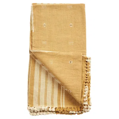 Pre-owned Studio Variously Reyti Ochre Yellow Minimal Pattern Handloom Throw / Blanket In Organic Cotton