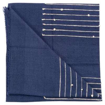 Pre-owned Studio Variously Rosewood Indigo Handloom Throw In Rich Indigo Blue, Cream Hand Knotted Stripes In White