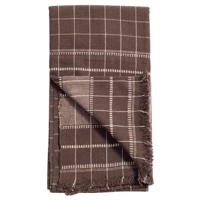 Pre-owned Studio Variously Treacle Brown Handloom Throw / Blanket In Organic Cotton In Checks Pattern