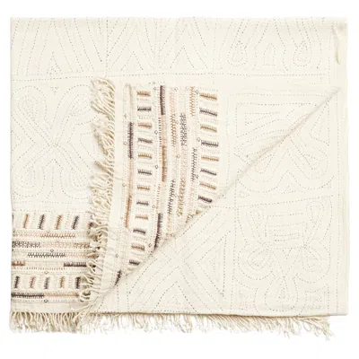 Pre-owned Studio Variously Unah Brown White Fully Hand Embroidered Hand Woven Cotton Artisanal Throw