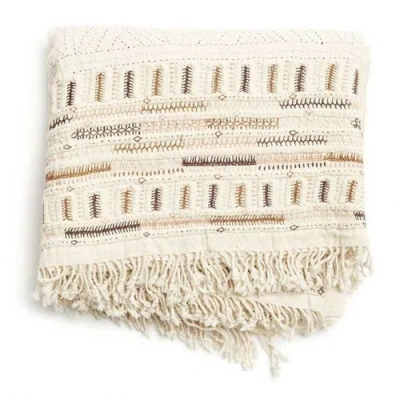 Studio Variously Unah Coral Fully Hand Embroidered Handwoven Organic Cotton Throw In Neutral