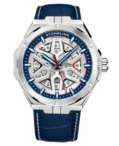 Stuhrling Men's Automatic Blue Alligator Embossed Genuine Leather Strap With White Stitching Watch 44mm
