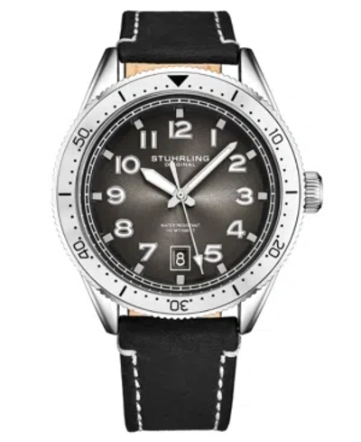 Stuhrling Men's Black Genuine Leather Strap With White Contrast Stitching Watch 42mm