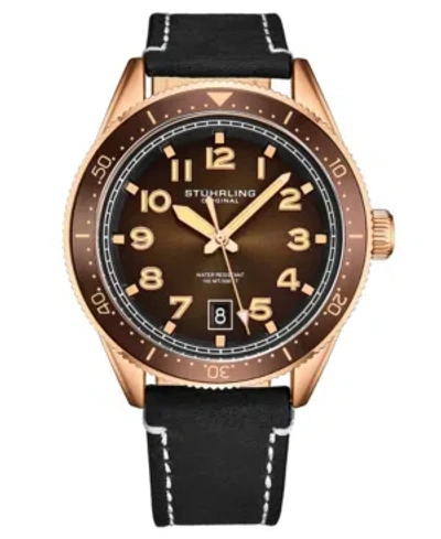 Stuhrling Men's Black Genuine Leather Strap With White Contrast Stitching Watch 42mm In Brown