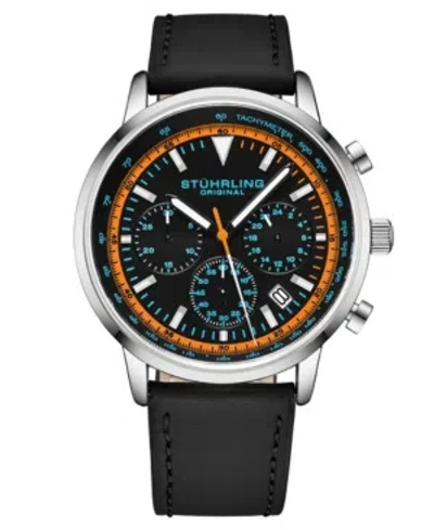 Stuhrling Men's Chrono Black Genuine Leather Strap Watch 44mm In Orange