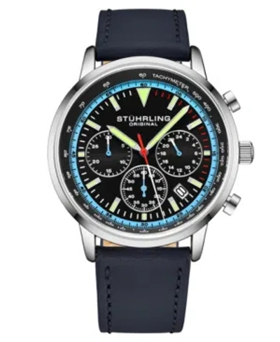 Stuhrling Men's Chrono Blue Genuine Leather Strap Watch 44mm