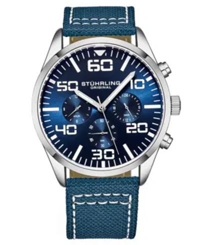 Stuhrling Men's Chrono Dark Blue Canvas With Light Blue Contrast Stitching Strap Watch 42mm