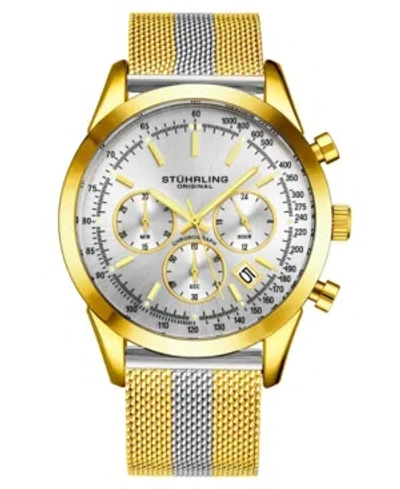 Stuhrling Men's Quartz Chronograph Date Gold-tone Stainless Steel Mesh Bracelet Watch 44mm In White