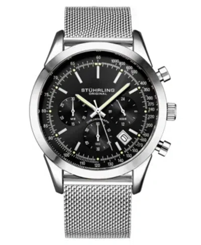 Stuhrling Men's Quartz Chronograph Date Silver-tone Stainless Steel Mesh Bracelet Watch 44mm In Black