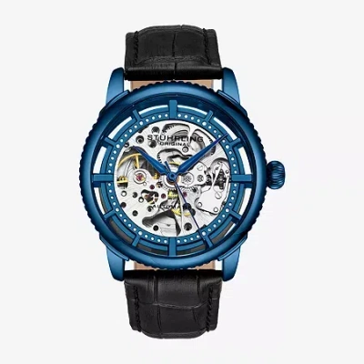 Stuhrling Mens Automatic Black Leather Strap Watch 3933 2 In Blue