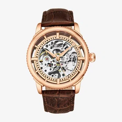 Stuhrling Mens Automatic Brown Leather Strap Watch 3933 4 In Gold