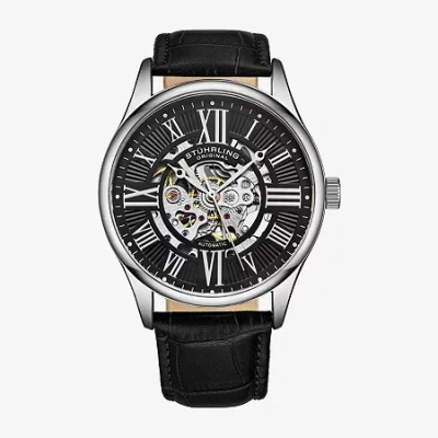 Stuhrling Mens Automatic Silver Tone Leather Strap Watch 3942 2 In Black