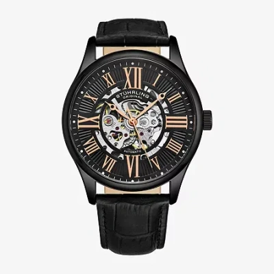 Stuhrling Mens Automatic Silver Tone Leather Strap Watch 3942 3 In Black