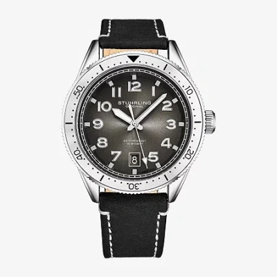 Stuhrling Mens Black Leather Strap Watch 3989.3