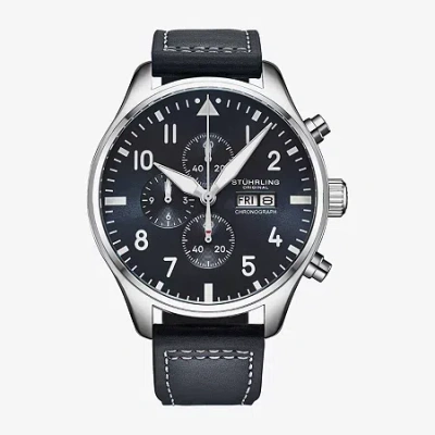 Stuhrling Mens Black Leather Strap Watch 4075.2 In Blue