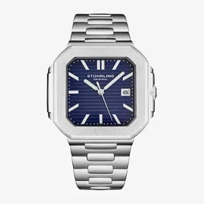 Stuhrling Mens Silver Tone Stainless Steel Bracelet Watch 4064.3 In Blue