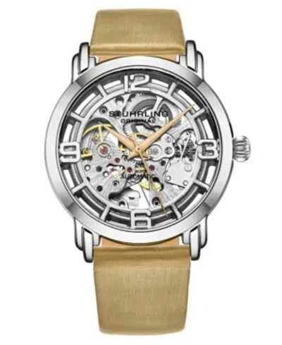 Stuhrling Women's Automatic Beige Genuine Leather Strap Watch 40mm In White