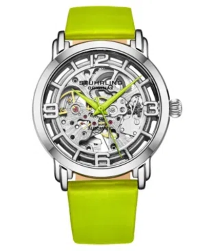 Stuhrling Women's Automatic Green Genuine Leather Strap Watch 40mm In White