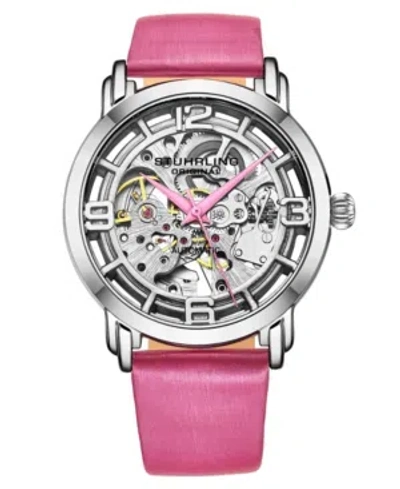 Stuhrling Women's Automatic Pink Genuine Leather Strap Watch 40mm In White