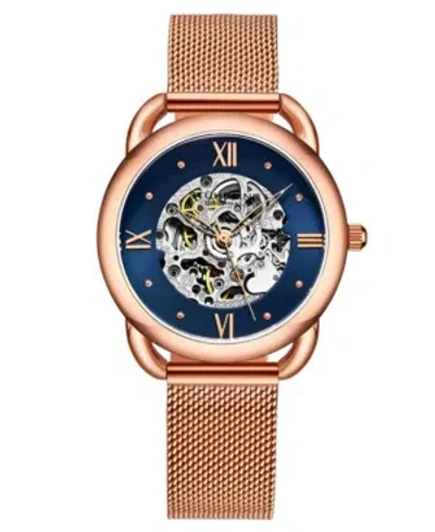 Stuhrling Women's Automatic Rose Gold-tone Mesh Bracelet Watch 36mm In Blue