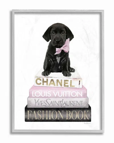 Stupell Black Puppy With Pink Bow On Glam Book Stack Wall Art In White