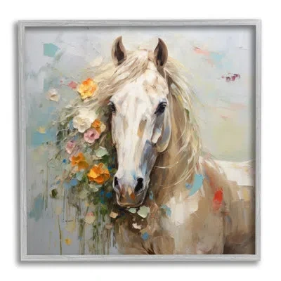 Stupell Industries Abstract Stallion With Flowers Single Picture Frame Print On Canvas In Farmhouse Gray Framed Giclee