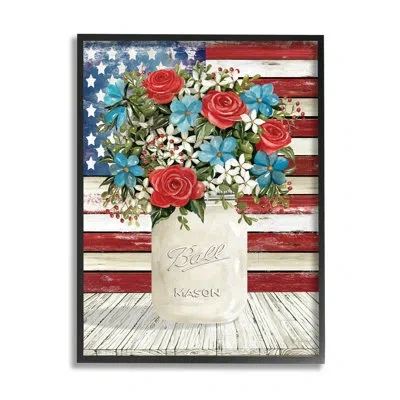 Stupell Industries Americana Flag Festive Bouquet By Cindy Jacobs - Floater Frame Graphic Art On Wood In Midnight Black Framed Giclee